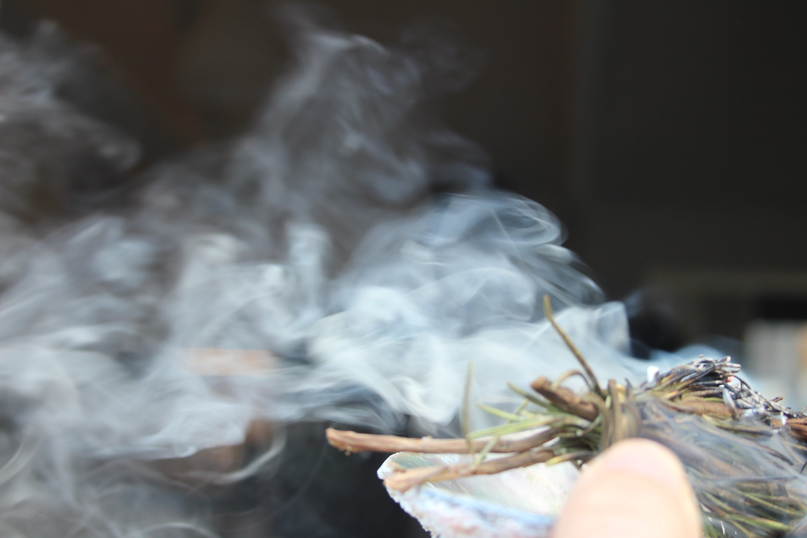 Close-up of smoke rising from burning herbs, with a finger holding the bundle.